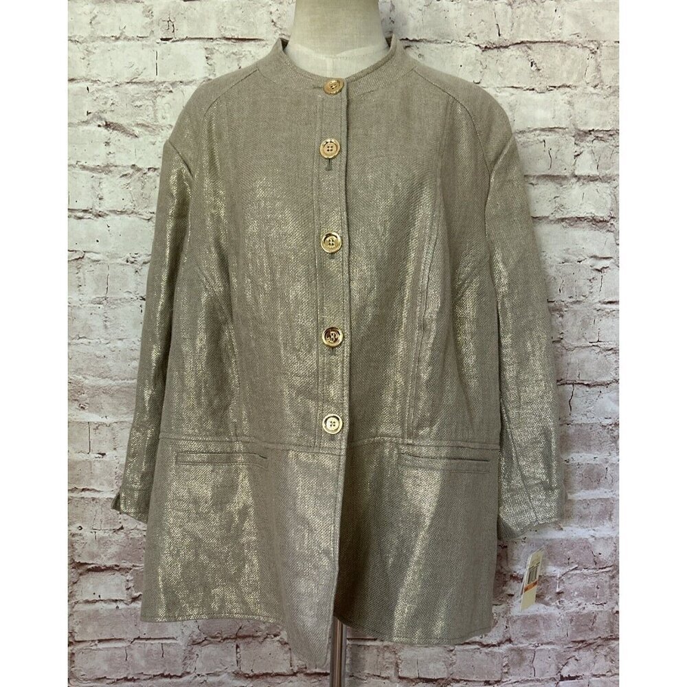 MICHAEL Michael Kors Woven Linen Gold Shimmer Button Front Jacket Blazer 24W NEW
